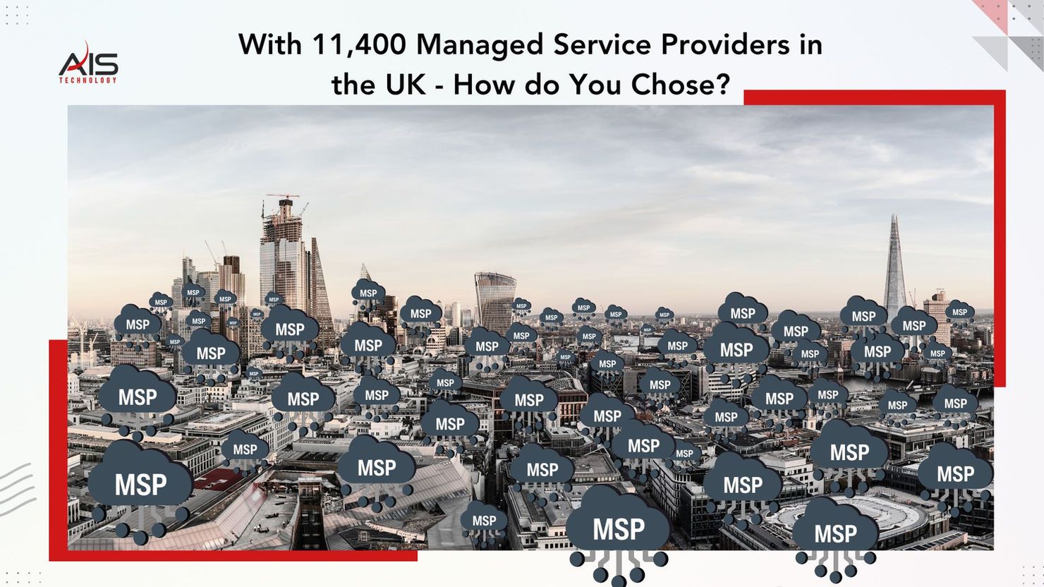 Skyline with floating MSP cloud icons, text reads "With 11,400 Managed Service Providers in the UK - How do You Choose?" Mood is informational.