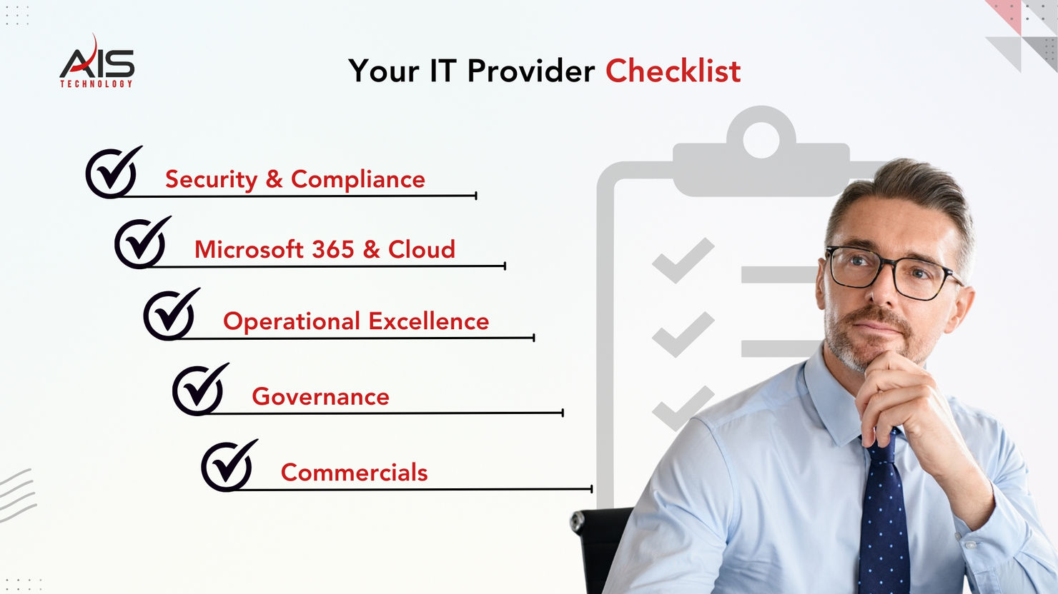 Man in blue shirt and glasses, pondering. Text lists IT provider checklist items: Security, Microsoft 365, Operational Excellence, Governance, Commercials.