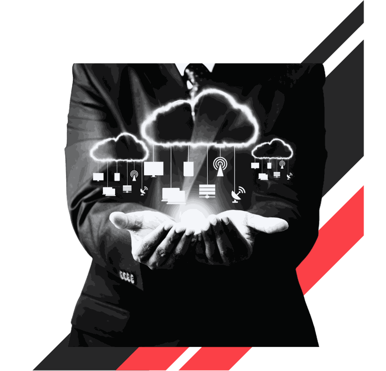 Businessman holding a cloud with connected devices